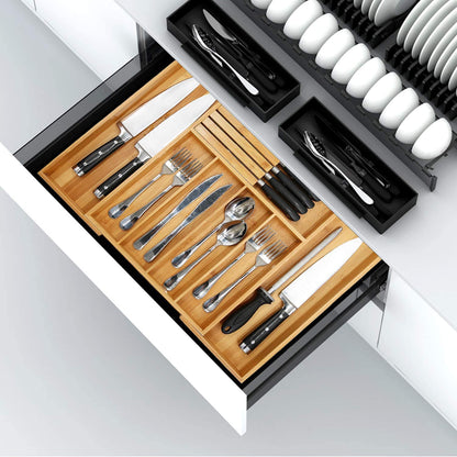 VaeFae Bamboo Silverware Drawer Organizer Kitchen, Expandable Utensil Organizer with Knife Block, Cutlery Tray with Divider, Multifunctional Wooden Drawer Organizer