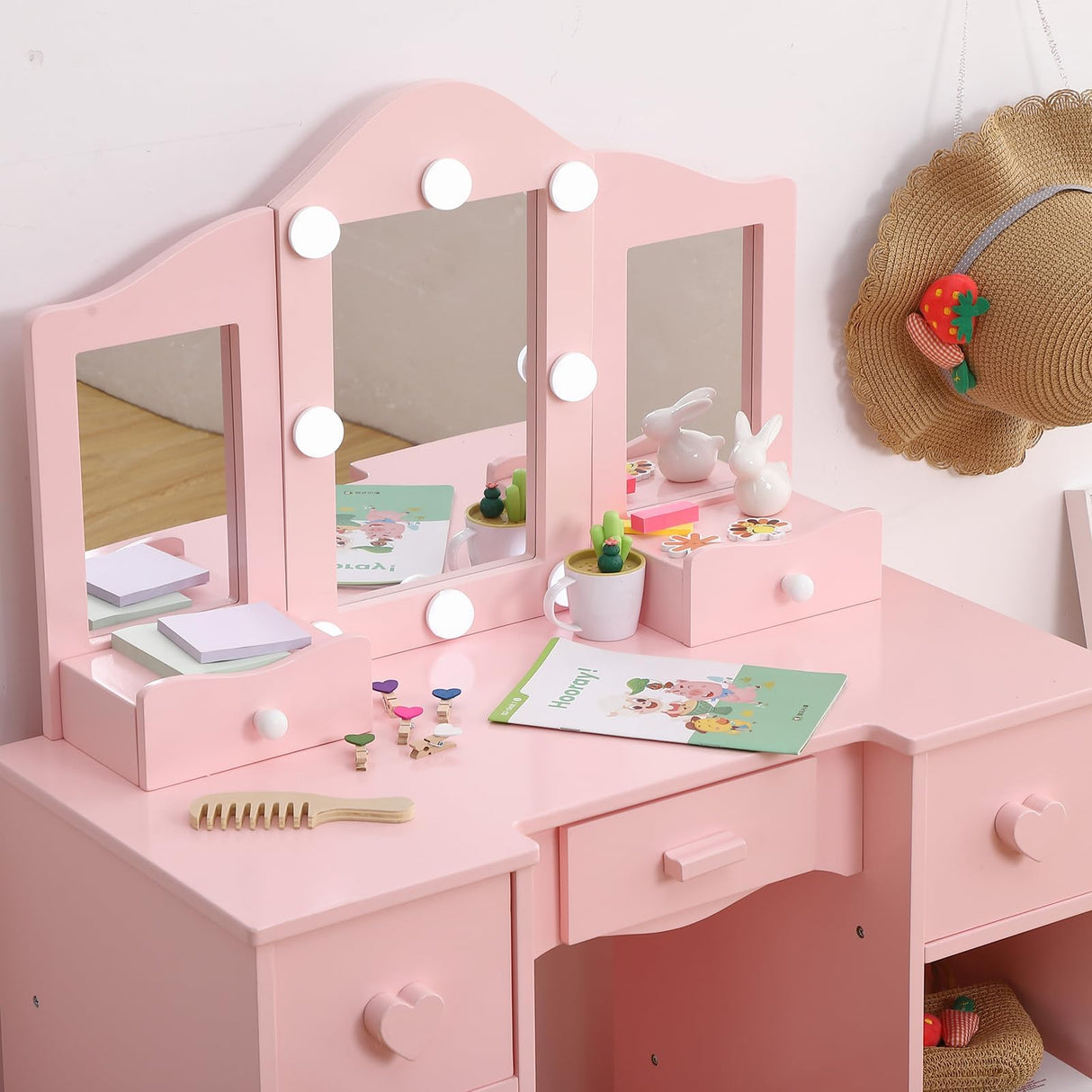 GIMMYFIVE Kids Vanity Table, Girls Vanity with Tri-Folding Mirror, Drawer,Open Storage Shelves, Makeup Playset with Chair, Princess Vanity Table for Toddlers(Pink) GIMMYFIVE