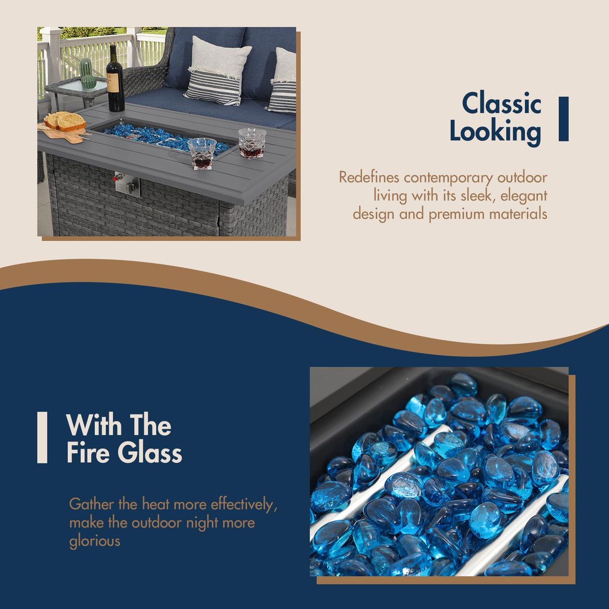 SUNSITT Outdoor Furniture Set with Fire Pit Table Wicker Patio Conversation Set 7-Piece Patio Sectional Furniture Set with Gas Firepit with Swivel Patio Chair Grey Wicker & Denim Blue Cushion SUNSITT