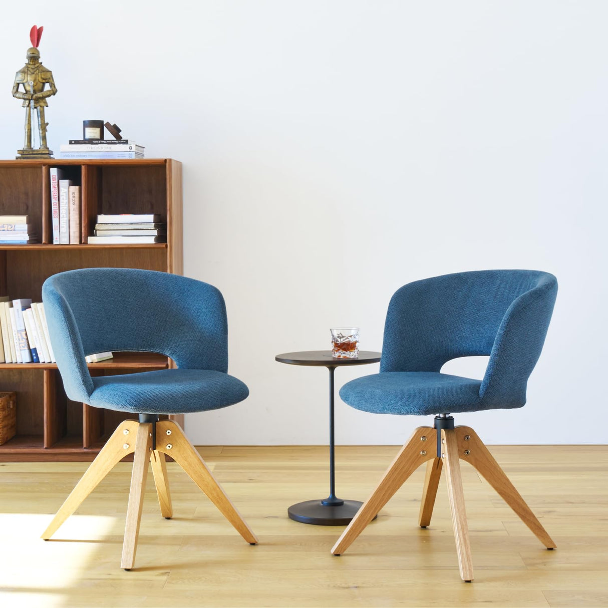 GrandNoor Mid Century Modern Swivel Accent Chair with Solid Wood Legs, Home Office Desk Chair No Wheels, Makeup Chair for Vanity, Upholstered Chair for Bedroom, Blue GrandNoor