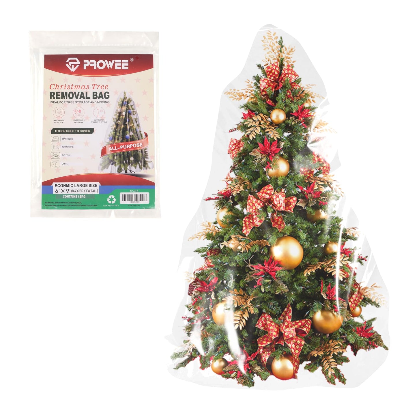 PROWEE All Purpose Use Jumbo Christmas Tree Removal Bag Extra Large 6ft width by 9 Feet Tall Christmas Tree Storage Bag Clear Waterproof Christmas Tree Bag for Upright Storage