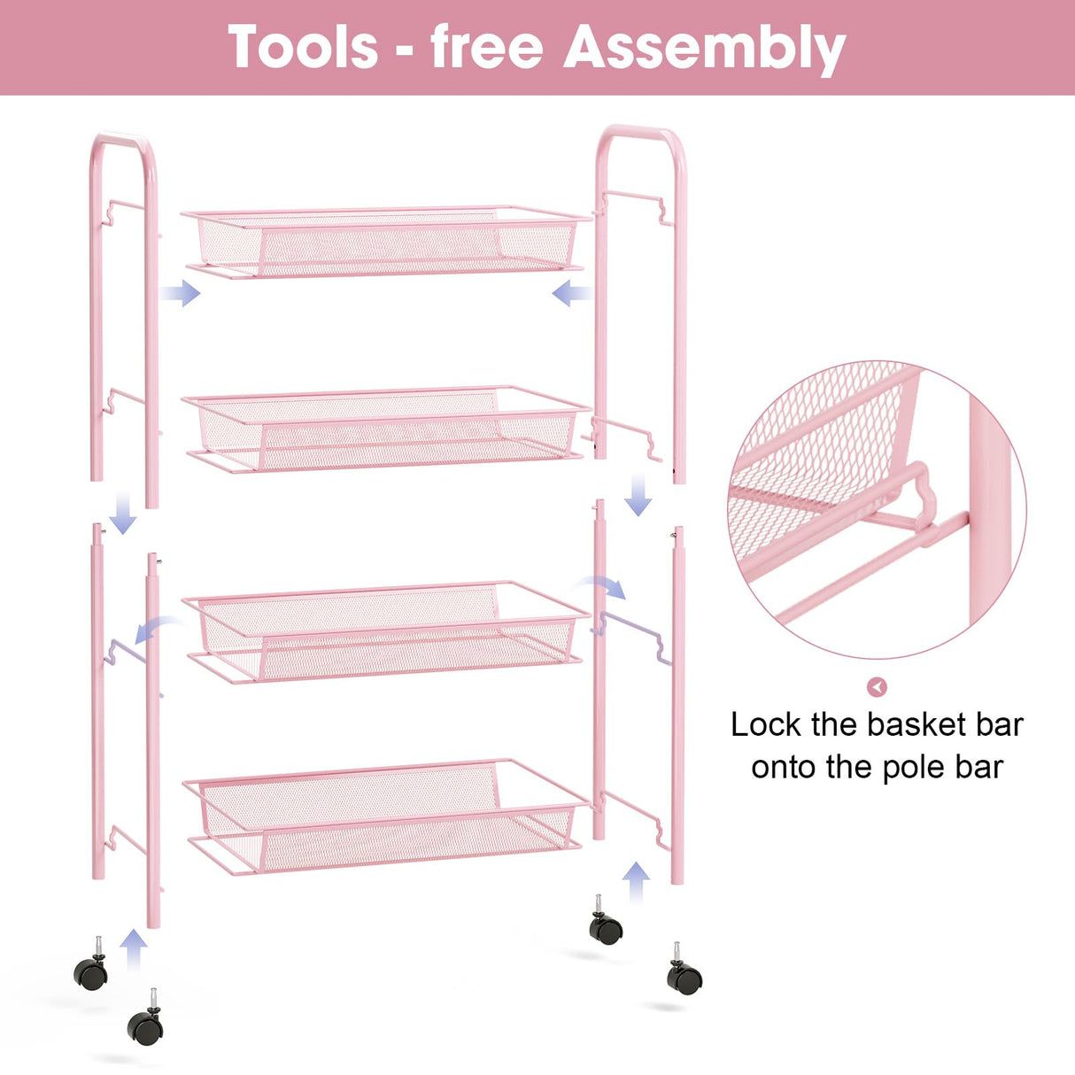 TOOLF 4 Tier Rolling Utility Cart - Durable Metal Design Pink Utility Cart, Storage Trolley on Wheels with 3 Hooks, Perfect for Kitchen, Bathroom & Laundry Room Organization TOOLF