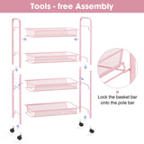 TOOLF 4 Tier Rolling Utility Cart - Durable Metal Design Pink Utility Cart, Storage Trolley on Wheels with 3 Hooks, Perfect for Kitchen, Bathroom & Laundry Room Organization TOOLF