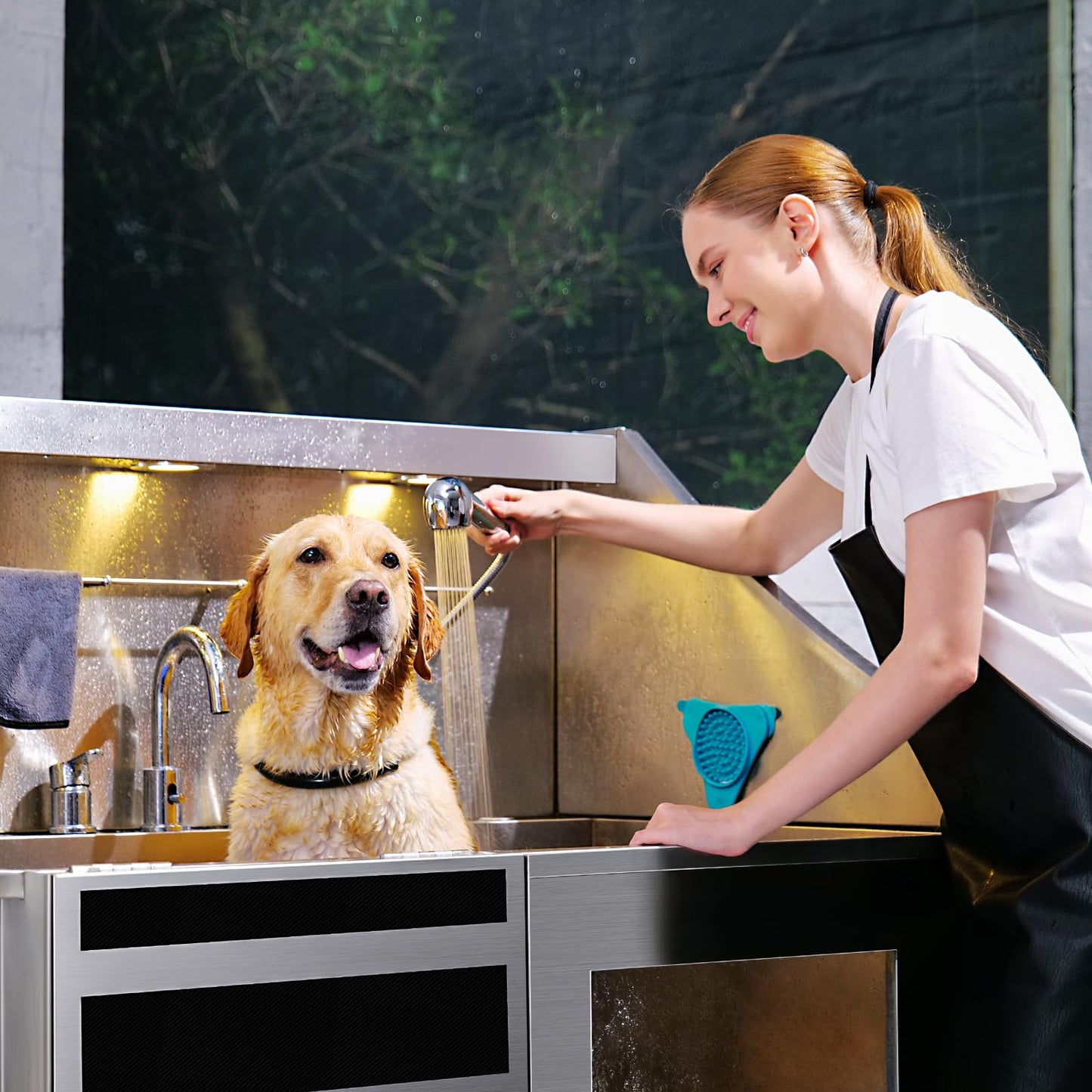 Dog Washing Station, LED Professional Stainless Steel Dog Bathing Station, Dog Bathtub for Large, Medium & Small Dog, Dog Grooming Tub with Window, Ramp, Drawer, Floor Grate & Fauct （Left RAMP, 50"）