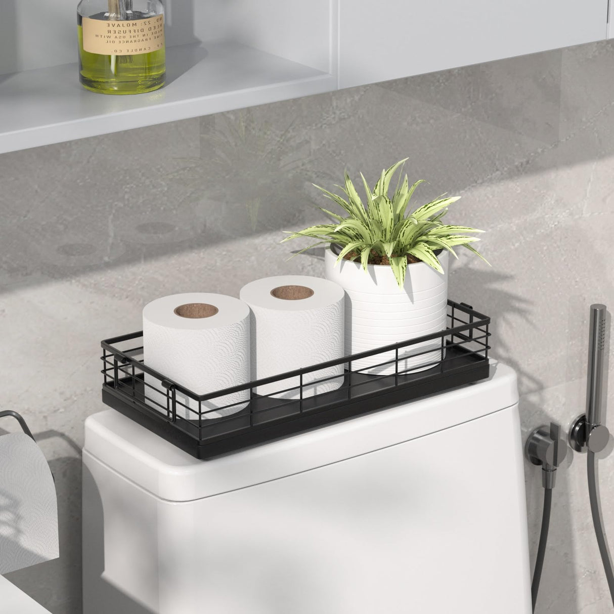 JNFUZ Toilet Paper Basket, 13 Inch Oak and Iron Tank Tray Top of Toilet Storage Toiletries Organizer for Bathroom, Living Room and Kitchen (Black) JNFUZ