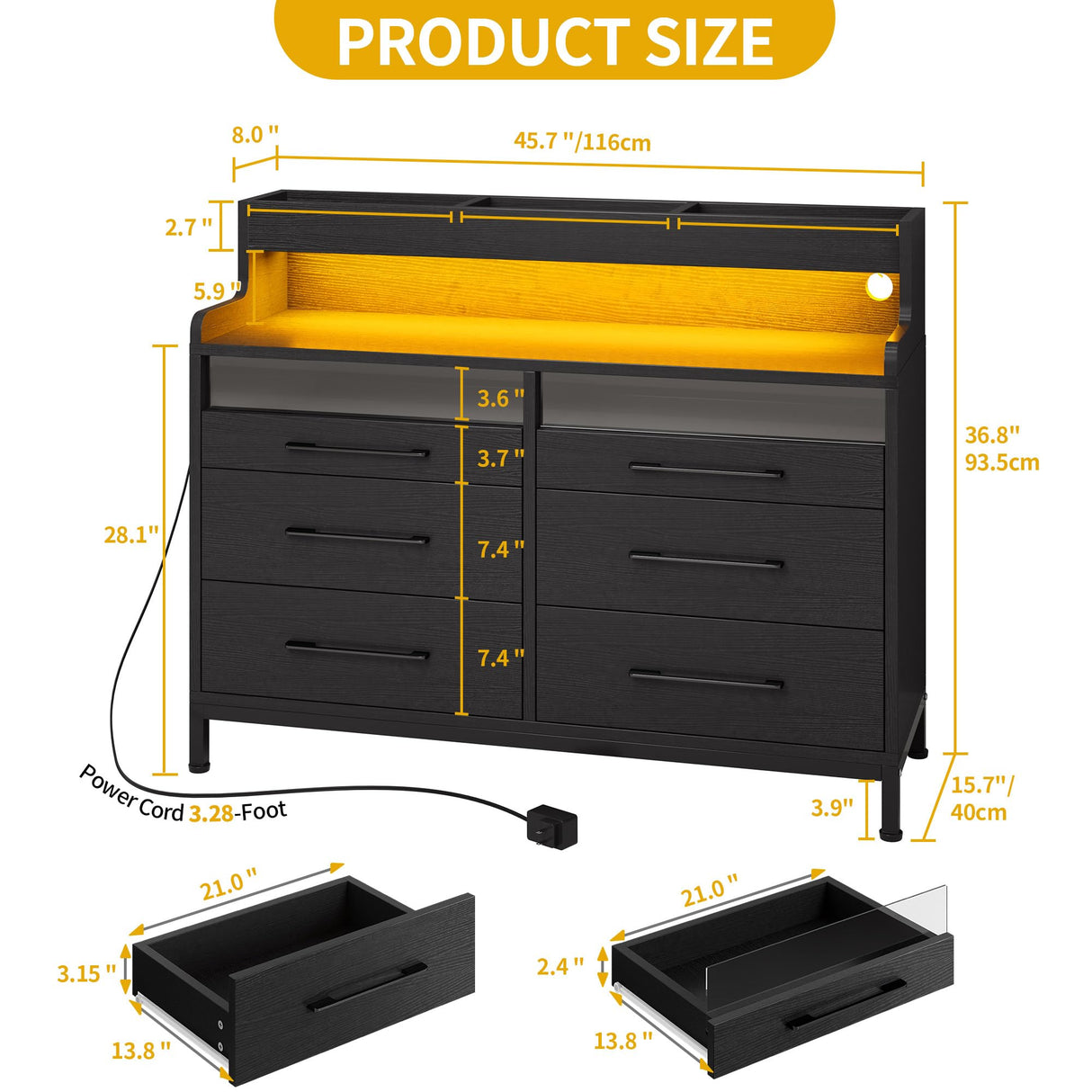 DWVO 6 Drawer Dressers with LED Light, Dresser & Chests of Drawers with Charging Station, Modern Dresser with Open Shelf Storage for Room, Entryway, Hallway, Black DWVO