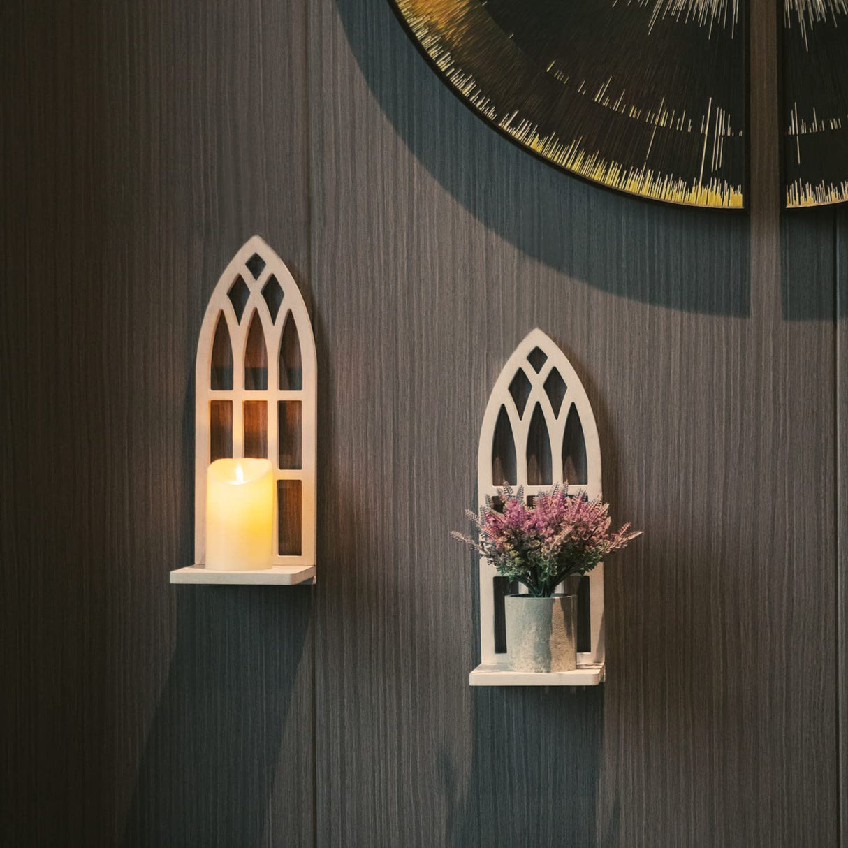 HPC Decor Candle Sconces Wall Decor Set of 2- Handmade Wall Sconce Candle Holder- White Window Shape Wood Wall Home Decor- Farmhouse Wall Decorations for Living Room, Bedroom, Bathroom, Dining Room HPC DEC R OUR HAPPY PLACE