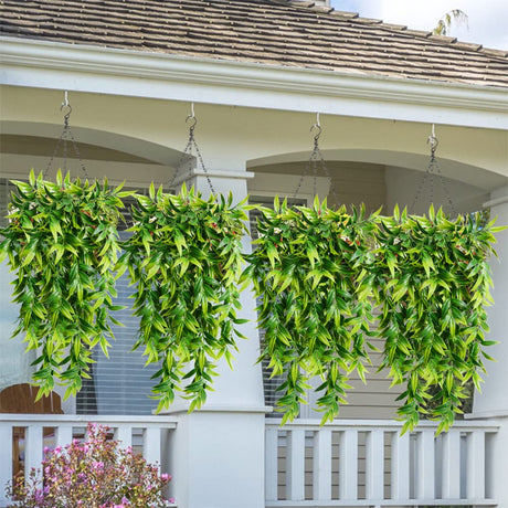 SzJias Artificial Hanging Plants Fake Bamboo Leaves Plants Fake Hanging Plants for Patio Porch Outdoor Plants Decor (2 Pcs) SzJias