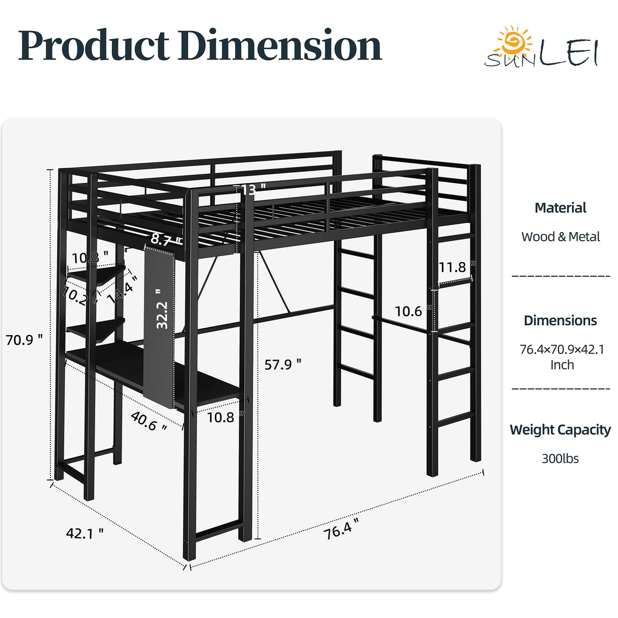 SUNLEI Loft Bed Twin Size with Desk and Safety Guard Rail, Twin Size Metal Bed Frame with Double Layer Shelves for Storage, No Box Spring 2 Security Ladders, Midnight Black SUNLEI