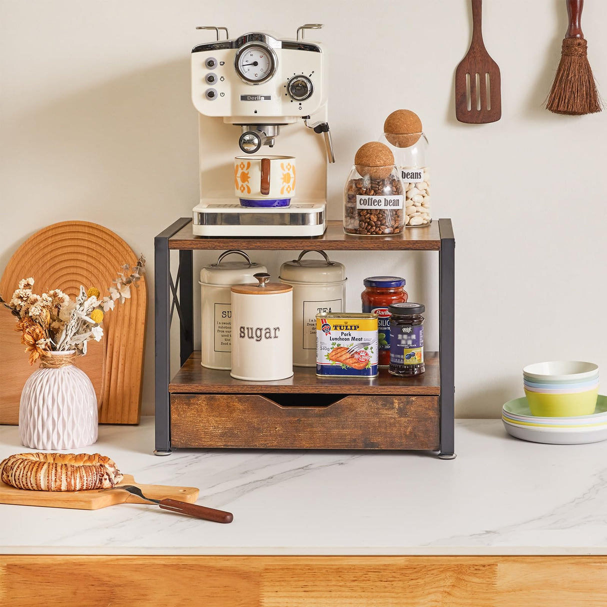 IBUYKE 2 Tier Desktop Printer Stand,Multi-Purpose Desk Organizer,Wooden Printer Stand with Drawer Storage for Folders,Books,for Fax Machine, Scanner,Home Office,Rustic Brown UTLJ006H IBUYKE