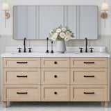 ARIEL Monroe 72 inch Double Bathroom Vanity with Sink in White Oak, 1.5" Edge Carrara White Quartz Countertop and Backsplash, Rectangle Sink, Soft Closing Doors, Dovetail Drawers, Matte Black ARIEL