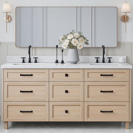 ARIEL Monroe 72 inch Double Bathroom Vanity with Sink in White Oak, 1.5" Edge Carrara White Quartz Countertop and Backsplash, Rectangle Sink, Soft Closing Doors, Dovetail Drawers, Matte Black ARIEL