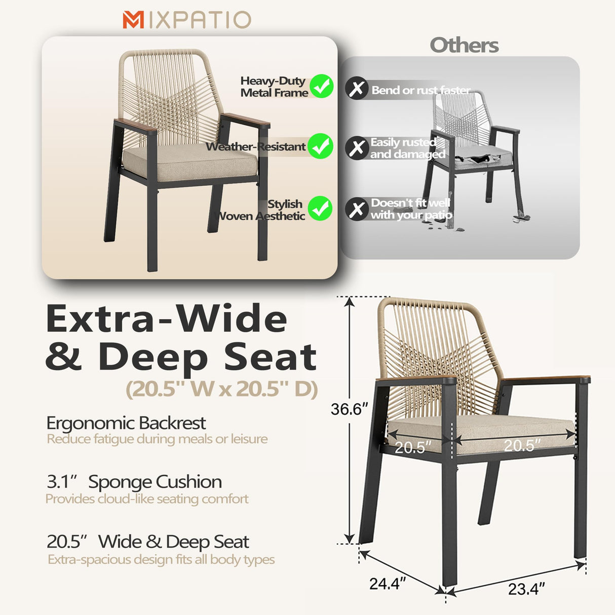 MIXPATIO 7 Pieces Round Outdoor Dining Set for 6, Patio Dining Set Wicker Rattan Chairs with Soft Cushion and 54" Round Table with Umbrella Hole, Round Patio Table and Chairs for Backyard Porch MIXPATIO