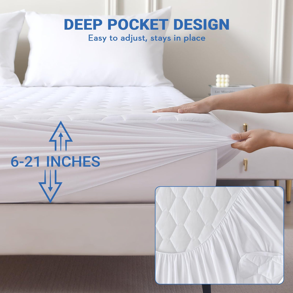 MUXHOMO King Size Mattress Protector, 100% Waterproof Quilted Mattress Cover King Size Bed, Noiseless Soft & Cooling Mattress Pad Cover, Deep Pocket 6"-21", White MUXHOMO