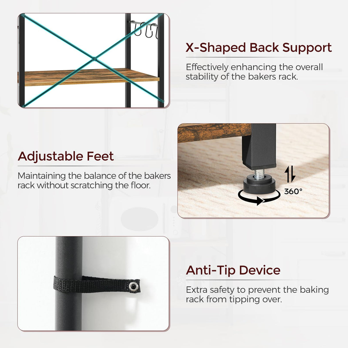 YATINEY Bakers Rack with Power Outlets and Led Lights, 4-Tier Microwave Stand, Coffee Bar Station, Kitchen Storage Shelf, Kitchen Spice Rack with S-Shaped Hooks, for Pots and Pans, Rustic Brown HB20BR YATINEY