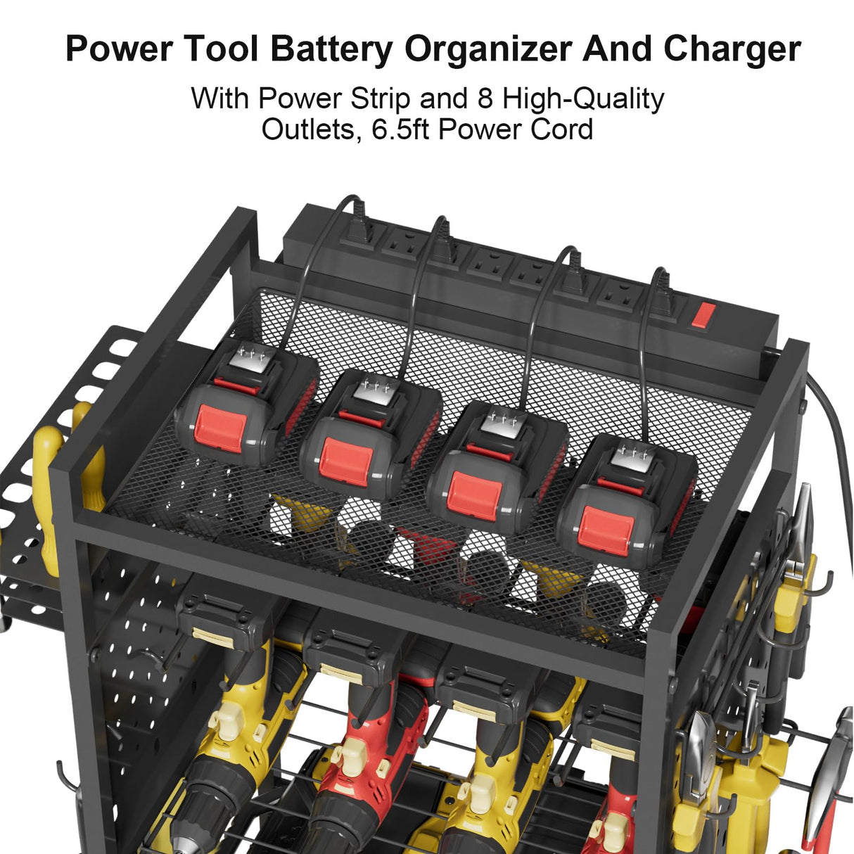 Power Tool Organizer Cart with Charging Station, Heavy Duty Garage Tool Organizer Rolling Tool Battery Storage with 8-Outlet Power Strip, 4 Wheels, 2 Hanging Baskets, 8 Hooks, Drill Bit Holder, Black NEYCIL