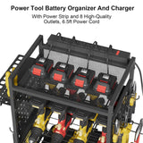 Power Tool Organizer Cart with Charging Station, Heavy Duty Garage Tool Organizer Rolling Tool Battery Storage with 8-Outlet Power Strip, 4 Wheels, 2 Hanging Baskets, 8 Hooks, Drill Bit Holder, Black NEYCIL
