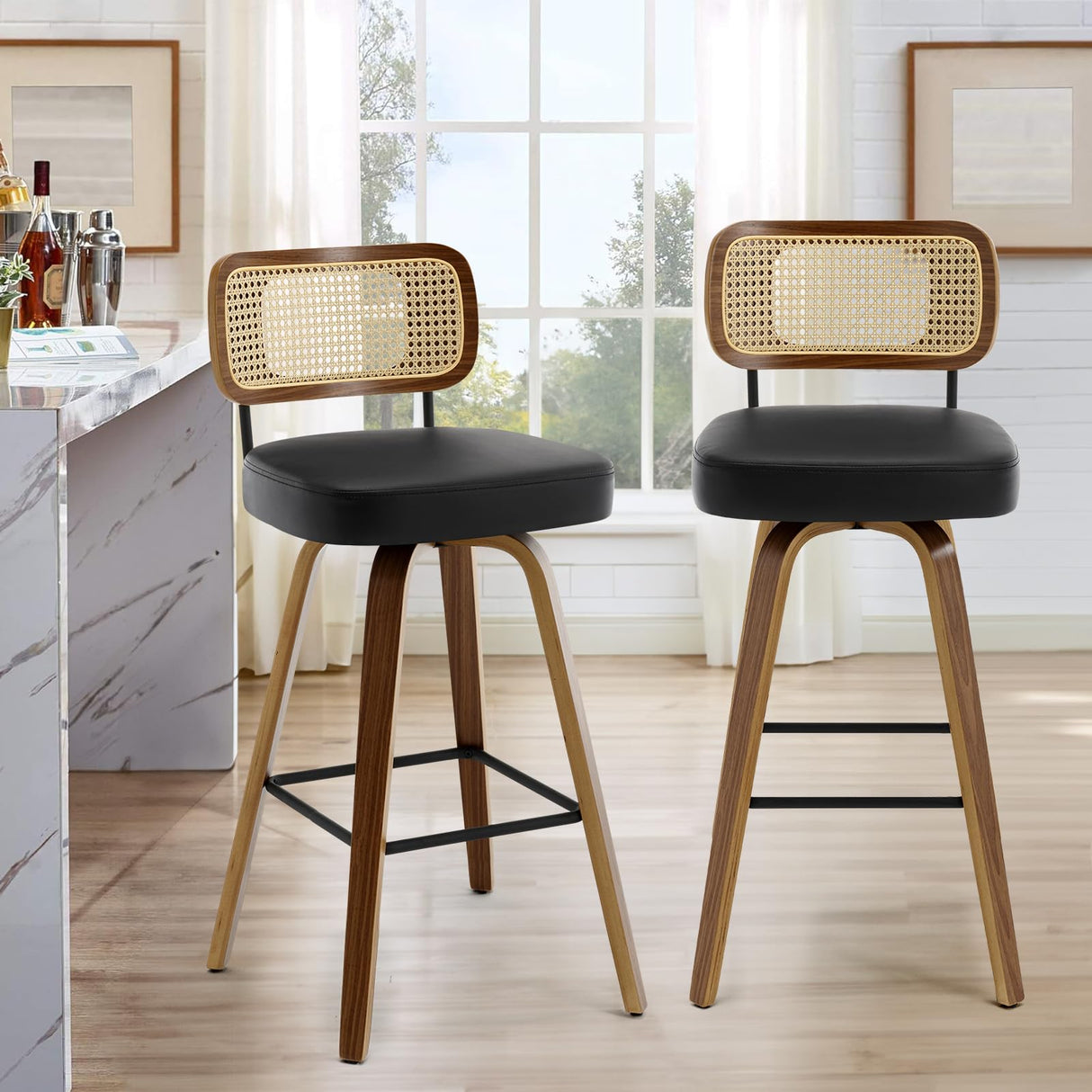 Bekrvio 29" Swivel Bar Stools Set of 2 with Rattan Back, Upholstered Faux Leather, Walnut Bentwood Frame in Black Bekrvio