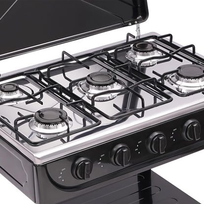 Propane Gas Stove 5 Burner/4 Burner, Portable Natural Gas Stove Outdoor Camping BBQ Stove Gas Cooker with 2 Tier Storage Rack, for RV, Apartment, Outdoor Cooking (Black, 5-Burner)