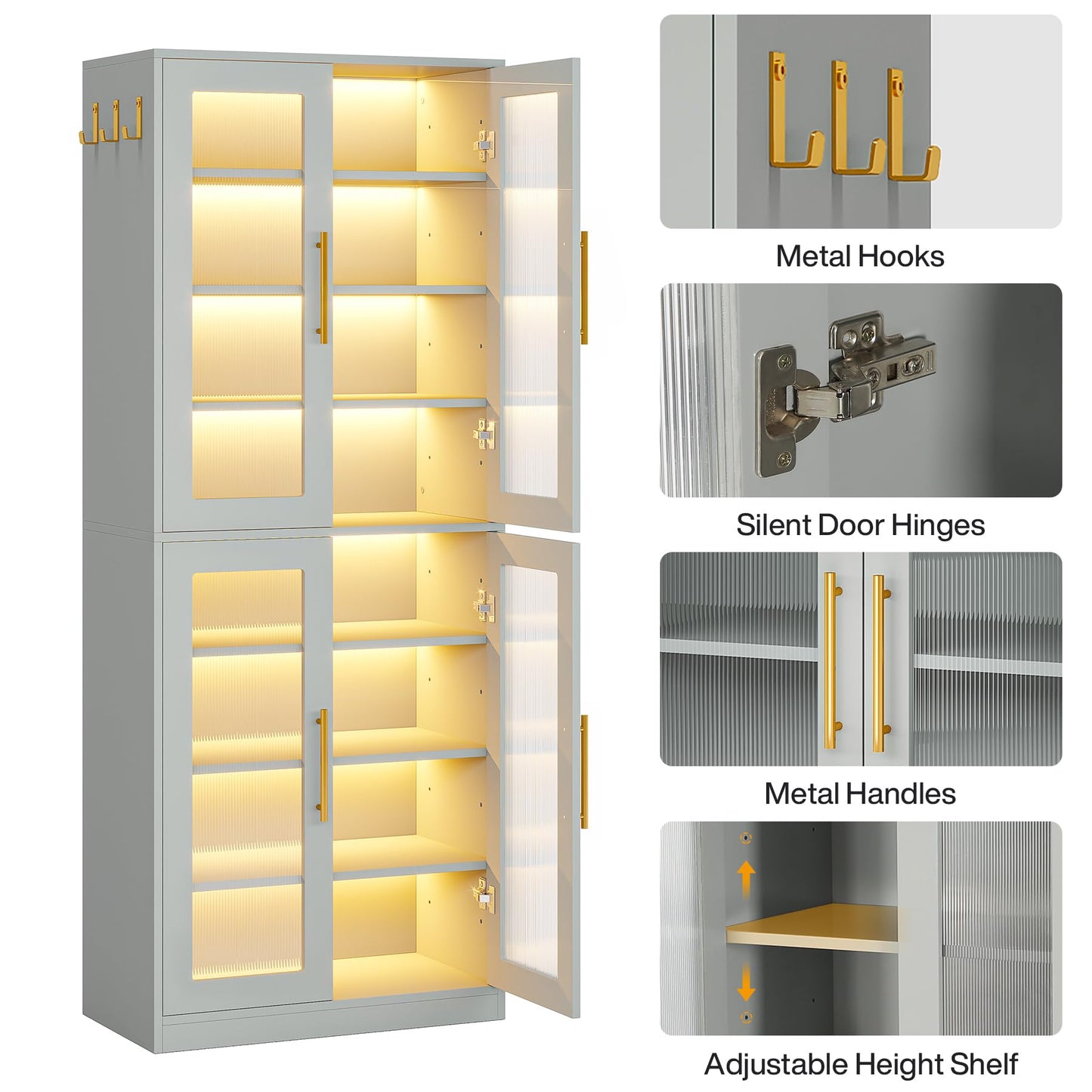 Tribesigns Tall Shoe Cabinet with Acrylic Doors and LED Lights, 8-Tier Entryway Shoe Organizer Storage Rack with Adjustable Shelves and Hanging Hooks for Narrow Closet, Hallway, Living Room,  - WoodArtSupply