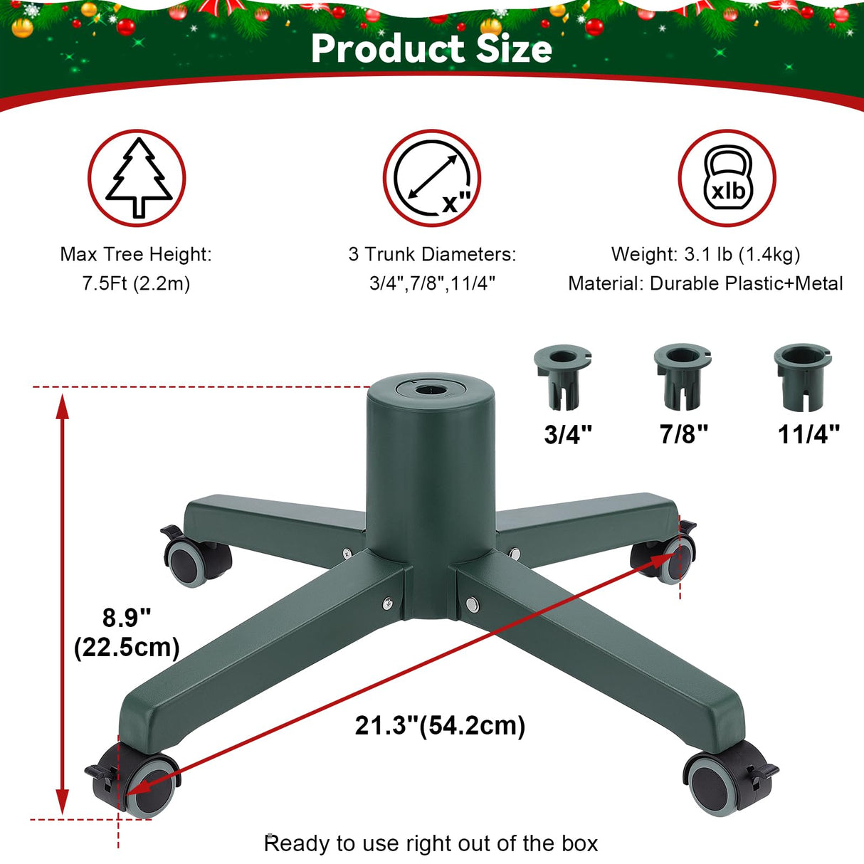 Hammrit Rolling Christmas Tree Stand with Wheels, Artificial Christmas Tree Stand Fits up to 7.5 Ft Trees, No Installation Artificial Xmas Tree Stand Foldable Movable Universal Christmas Tree Base Hammrit