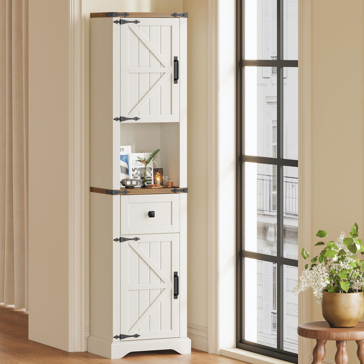 66" Tall Farmhouse Bathroom Storage Cabinet with Barn Doors and Drawer, Narrow Storage Unit, Adjustable Shelves & 5-Tier Storage Space, Freestanding Cabinet for Bathroom, Living Room, Kitchen Vabches