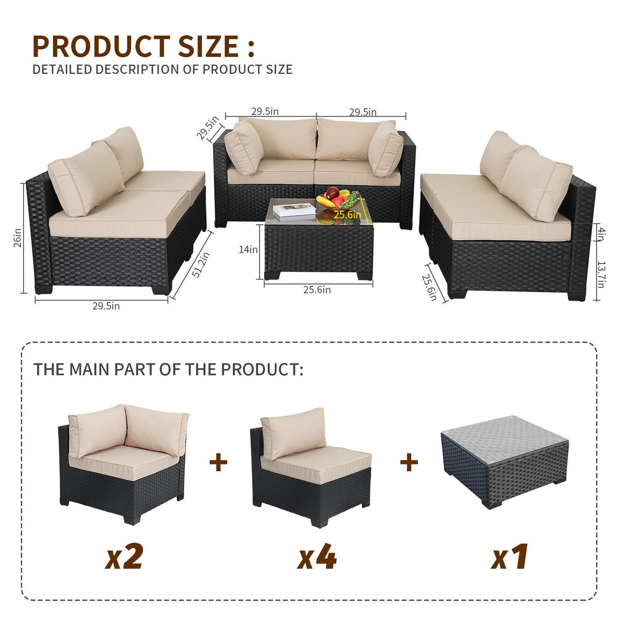 Valita 7 Piece Outdoor PE Wicker Furniture Set, Patio Black Rattan Sectional Sofa Couch with Washable Khaki Cushions… Valita