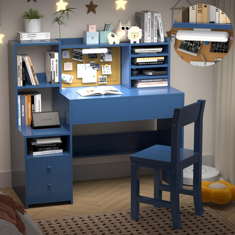 RUPOLX Blue Kids Desk and Chair Set for 5-12 Year Old,Kids Study Desk with 3-Color Lights,Childrens Computer with 4 Drawers, Kids Study Table with Storage Shelf -D-40 RUPOLX