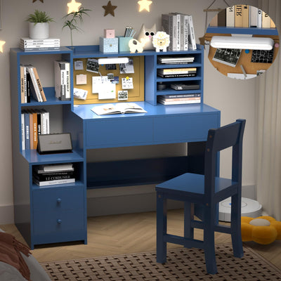 RUPOLX Blue Kids Desk and Chair Set for 5-12 Year Old,Kids Study Desk with 3-Color Lights,Childrens Computer with 4 Drawers, Kids Study Table with Storage Shelf -D-40