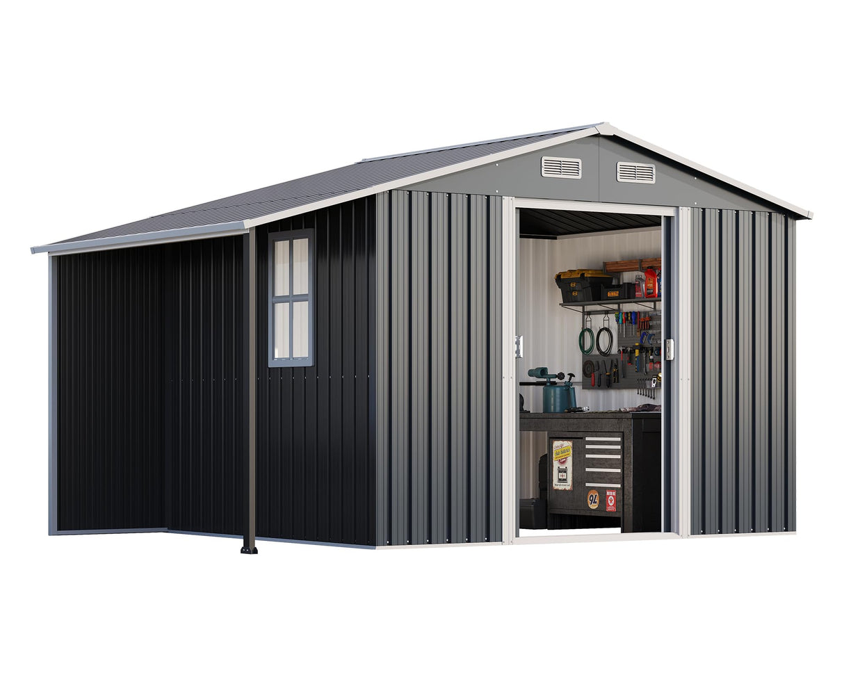 AMERLIFE 10.6x6.8x6.3 FT Galvanized Metal Storage Shed with Open Firewood Bay, Sliding Doors & Ramp, 2 Windows & Vents, Weather-Resistant Outdoor Tool/Garden Shed, Dark Gray AMERLIFE