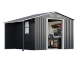AMERLIFE 10.6x6.8x6.3 FT Galvanized Metal Storage Shed with Open Firewood Bay, Sliding Doors & Ramp, 2 Windows & Vents, Weather-Resistant Outdoor Tool/Garden Shed, Dark Gray AMERLIFE