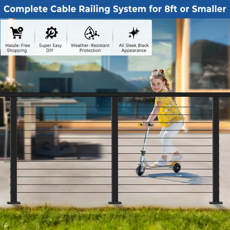 Zylorix 4ft-8ft Complete Set 42" Deck Cable Railing System with Handrail Adjustable, T304 Stainless Steel Black Level Drilled Cable Railing Posts Kit with 1/8" Cable Railing Hardware for Outdoors Zylorix