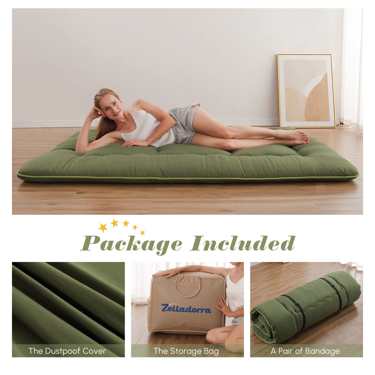 Zelladorra Japanese Floor Mattress, Futon Mattress with Portable Storage Bag, Roll Up Mattress Thick Tatami Mattress Suitable for Camping, Guest Room, Green, Twin Zelladorra
