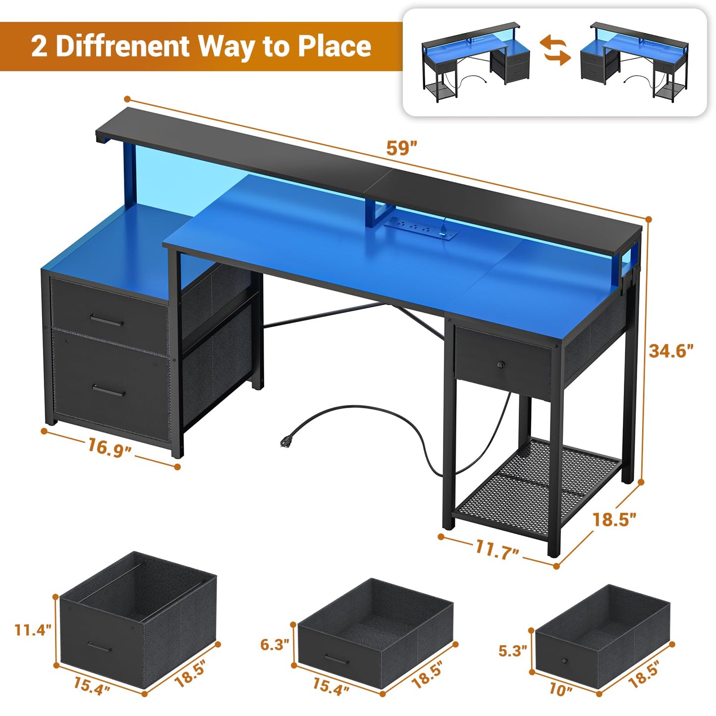 Aheaplus Computer Desk with 3 Drawers, Home Office Desk with File Drawer & Power Outlet, 59'' Gaming Desk with Led Lights, Long Work Desk with Storage Shelves, Printer Cabinet and Monitor Shelf, Black