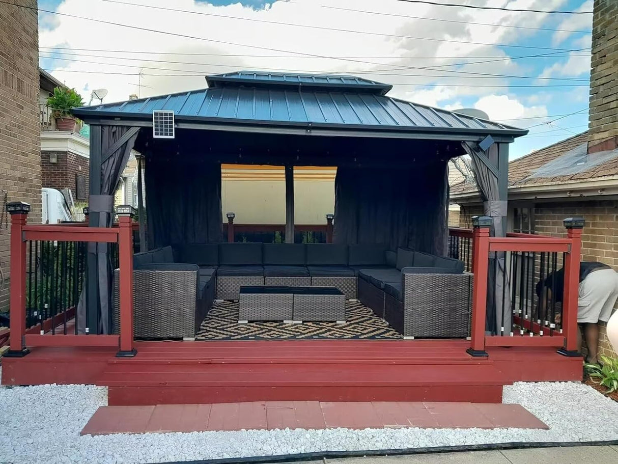 Domi 10’ X 14’ Hardtop Gazebo Canopy with Netting & Curtains, Outdoor Aluminum Gazebo with Galvanized Steel Double Roof for Patio Lawn and Garden, Gray domi outdoor living