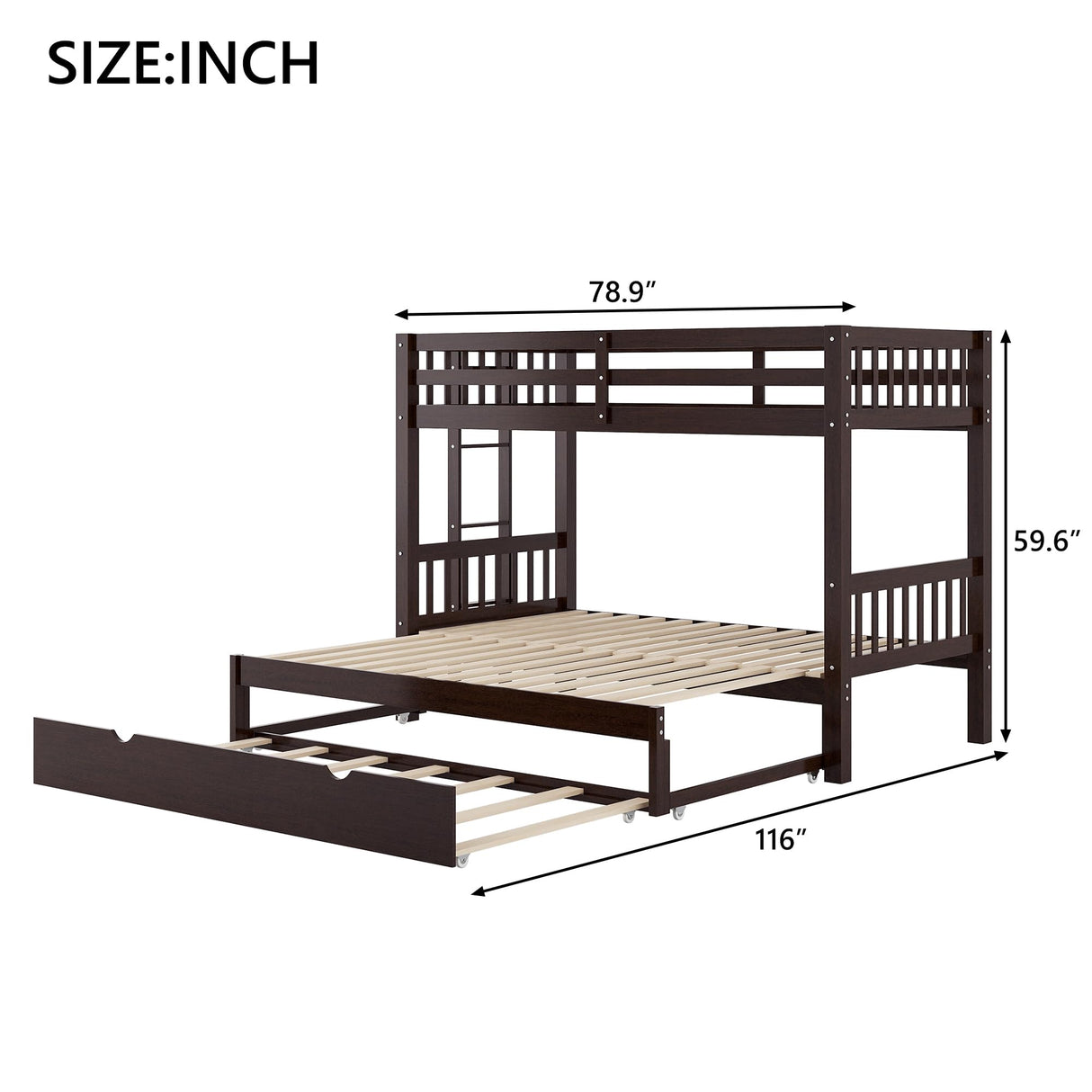Twin Over Double Twin Bunk Bed with Trundle, Convertible Bottom Bed, Pull-Out Multi-Functional Bunk Bed Can for 4 People, Wooden Bunk Bed with Ladder and Safety Rail, Espresso Bellemave