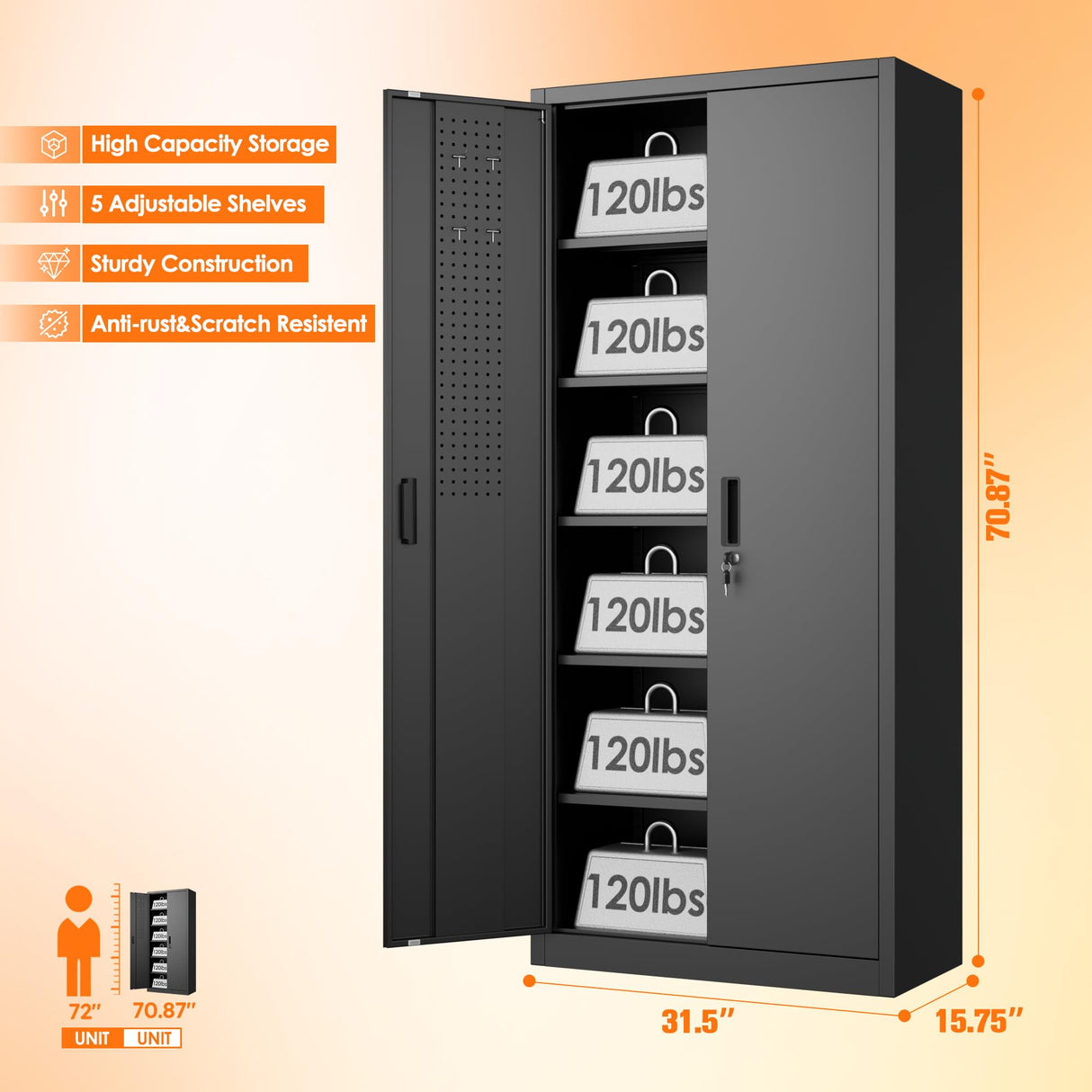 Aobabo 71" H×32" W×16" D Metal Storage Cabinet with 5 Adjustable Shelves, Locking Garage Storage Cabinet with Pegboards and 4 Hooks for Garage, Office, Black, Assembly Required Aobabo