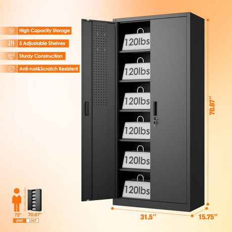 Aobabo 71" H×32" W×16" D Metal Storage Cabinet with 5 Adjustable Shelves, Locking Garage Storage Cabinet with Pegboards and 4 Hooks for Garage, Office, Black, Assembly Required Aobabo