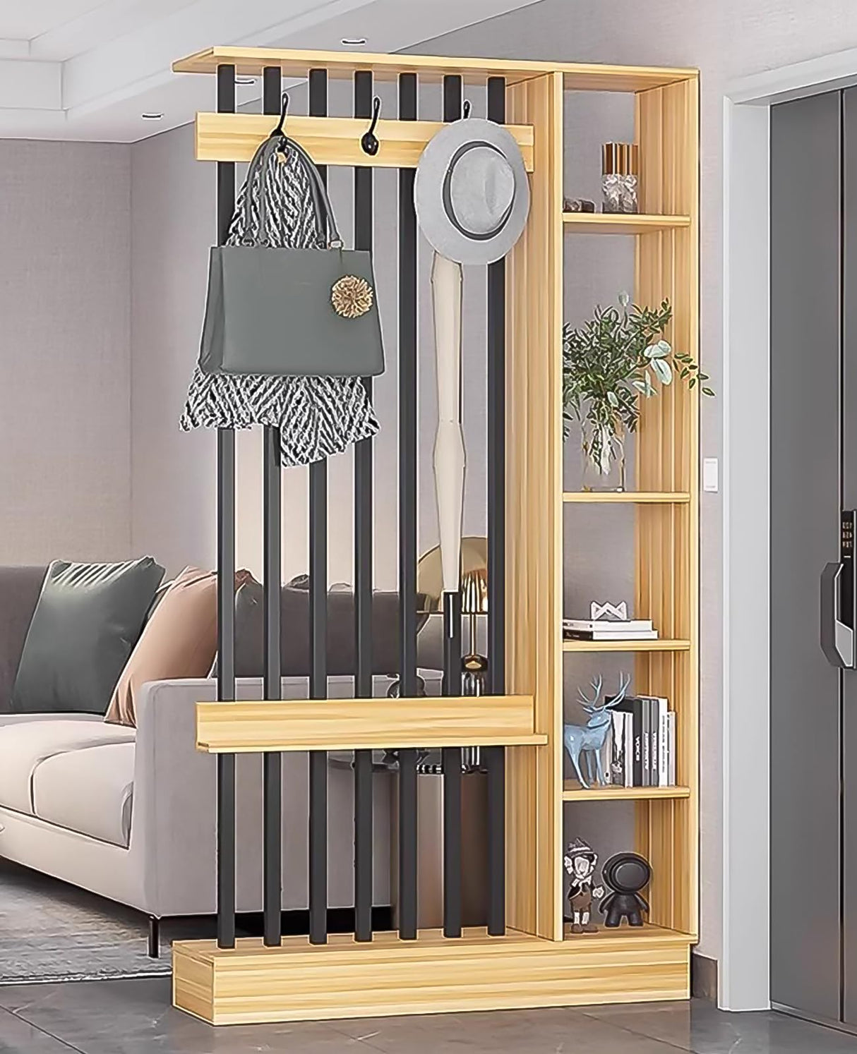 Wall Room Divider, Modern Freestanding Wood Room Divider Screen with Coat Rack Cabinet and Display Shelf for Home Office Decorative (Khaki,39.5" L x 11.8" W x 79" H) Kavie