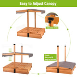 Kids Wooden Outdoor Sandbox w/Canopy, 2 Foldable Bench Seats, Retractable Roof Sand Protection Liner 47x47-Inch GUTINNEEN