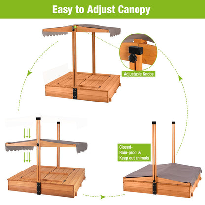 Kids Wooden Outdoor Sandbox w/Canopy, 2 Foldable Bench Seats, Retractable Roof Sand Protection Liner 47x47-Inch - WoodArtSupply