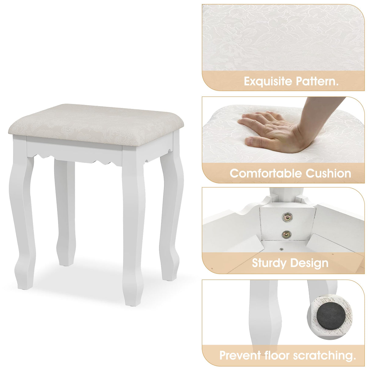 Vanity Desk with Mirror and Lights, Modern Vanity Makeup Table and Cushioned Stool Set with 4 Drawers, 3 Color Lighting Modes with Adjustable Brightness, Dressing Table Set for Bedroom (White) Alohappy