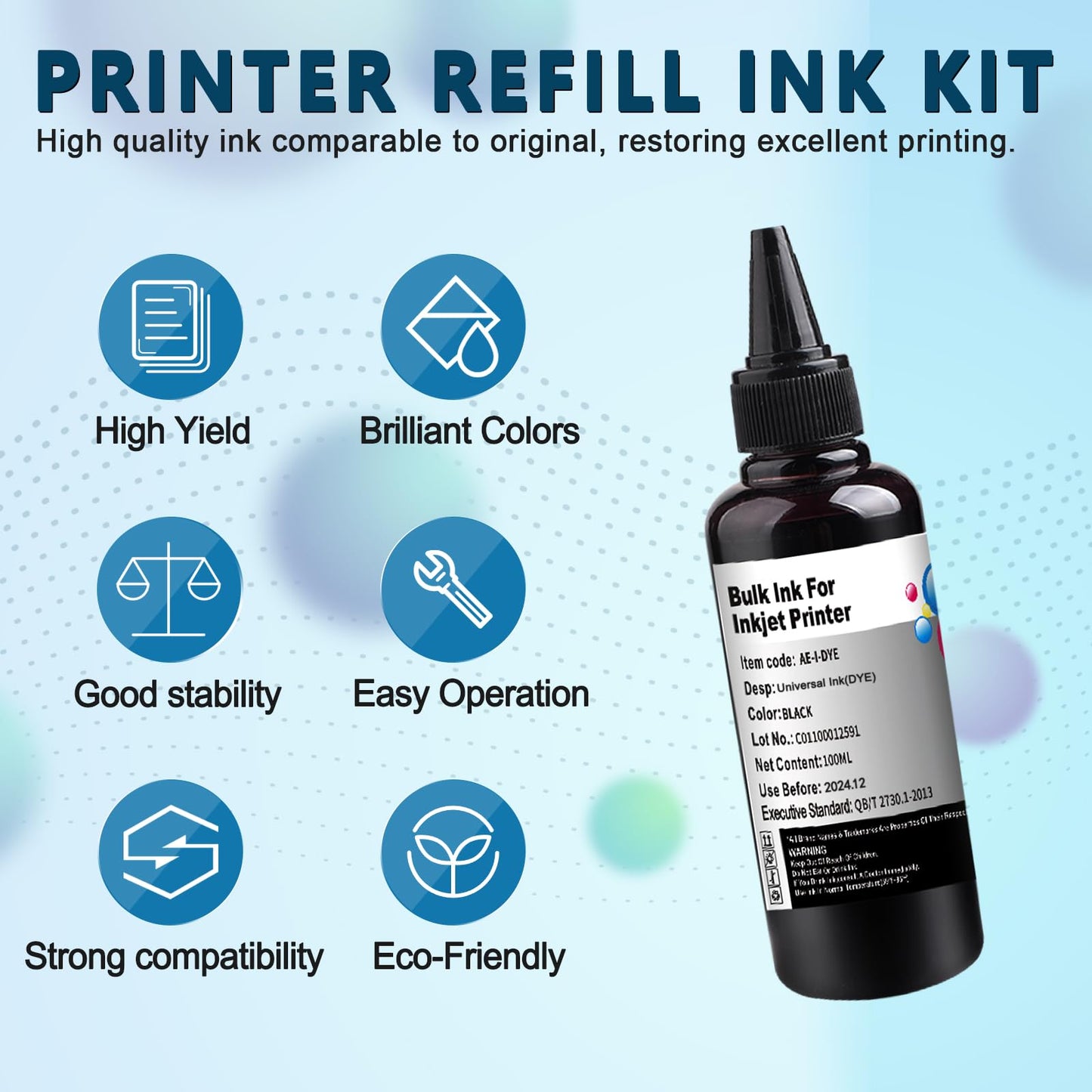 KSUMEI Universal Ink Refill Kit for Canon HP Epn Brother All Inkjet Printer Cartridge Bottle (2*Black, 100 ml)