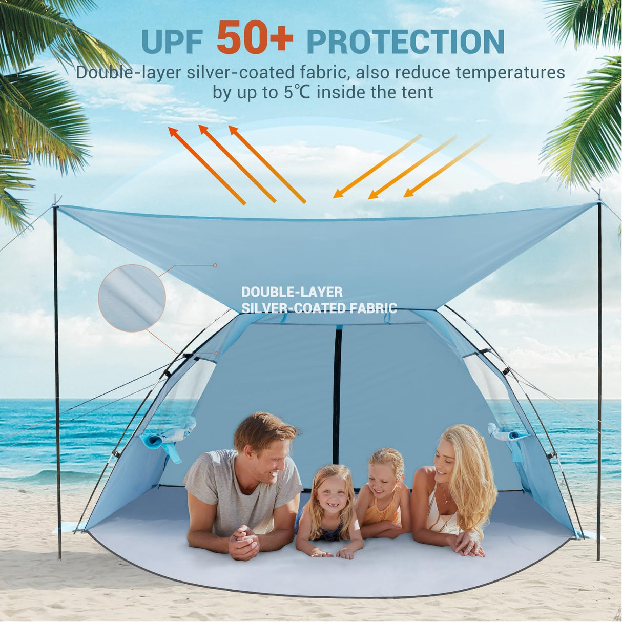 Elegear Beach Tent Sun Shelter with Canopy, 4-5 Person Pop Up Beach Tent, Easy Setup UPF 50+ UV Protection Portable Lightweight Double Silver Coating Beach Cabana Sun Shade Shelter - Sky Blue Elegear
