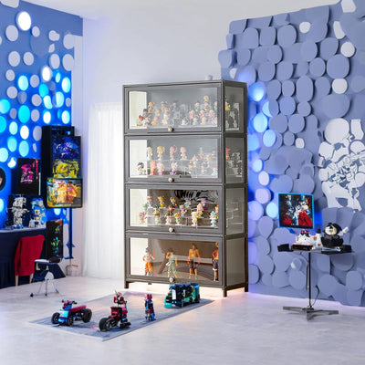 SAADHGG Small Display Cabinet with Acrylic Glass Doors, 4-Tier Curio Cabinet Figure Display Case Living Room Storage Cabinets with Doors and Shelves for Collectibles Toy,Gray,flip top Four Layer