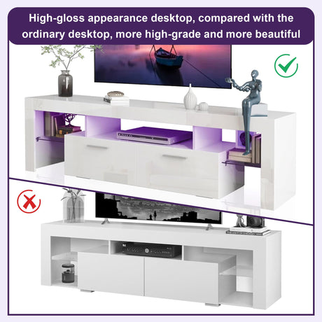 Clikuutory Modern LED 63 inch Long TV Stand with Large Storage Drawer for 50 55 60 65 70 75 Inch TVs, White Wood TV Console with High Glossy Entertainment Center for Living Room, Bedroom, White Clikuutory