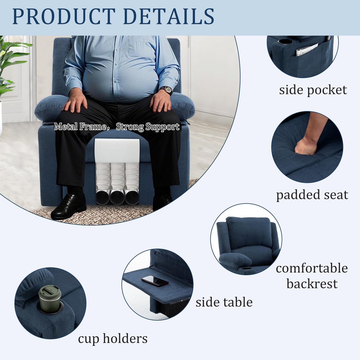 Power Recliner Chair Nursery Reclining Sofa Chair for Adults, Upholstered Heating Point Massage Theater Seating Single Sofa with Side Pockets Sidetable for Living Room-Blue Alunaune