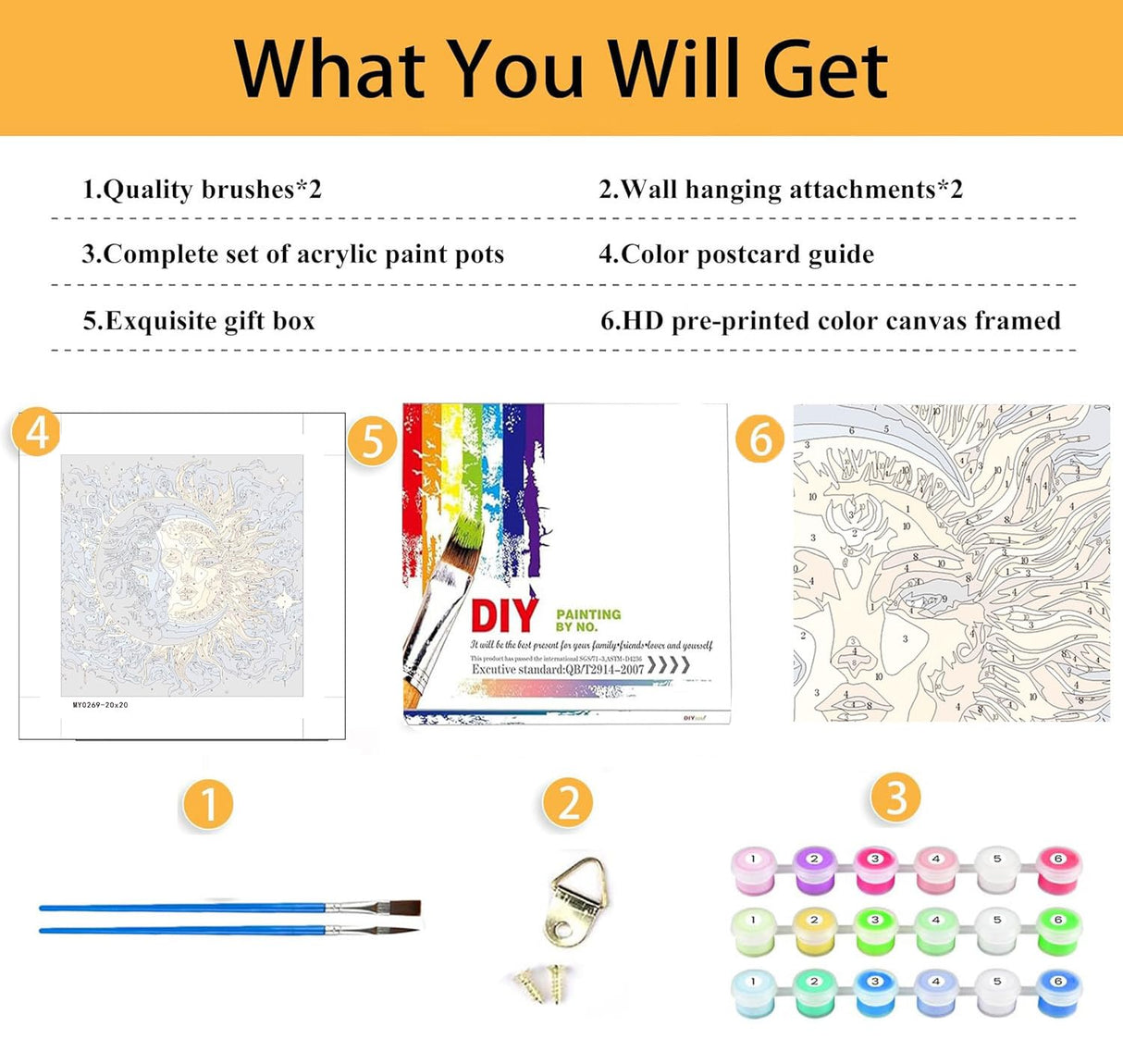 Framed Paint by Numbers Kit for Adults Beginners & Kids Ages 8-12, Sun and Moon Acrylic Easy Paint by Number with Frame, Watercolor Painting by Number Kits on Canvas Framed (8 * 8 Inch, without Easel) Axquilon