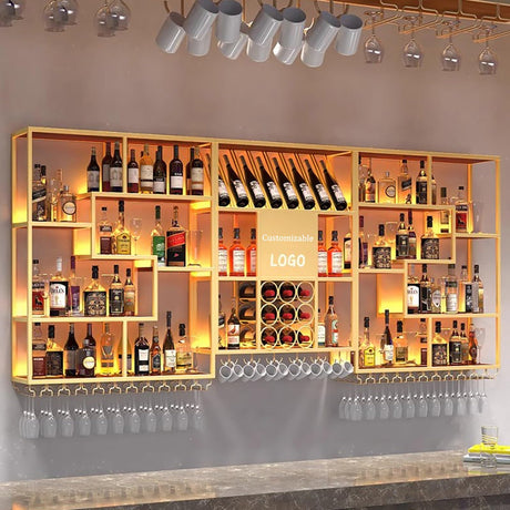 Metal Wine Rack Bar Shelves With LED Light Wall Mounted Kitchen Storage With Wine Glass Holder Liquor Shelf Large Floating Bar Liquor Bottle Whiskey Display Shelf for Kitchen Dining Room Bar Decoratio IRHIGBGX