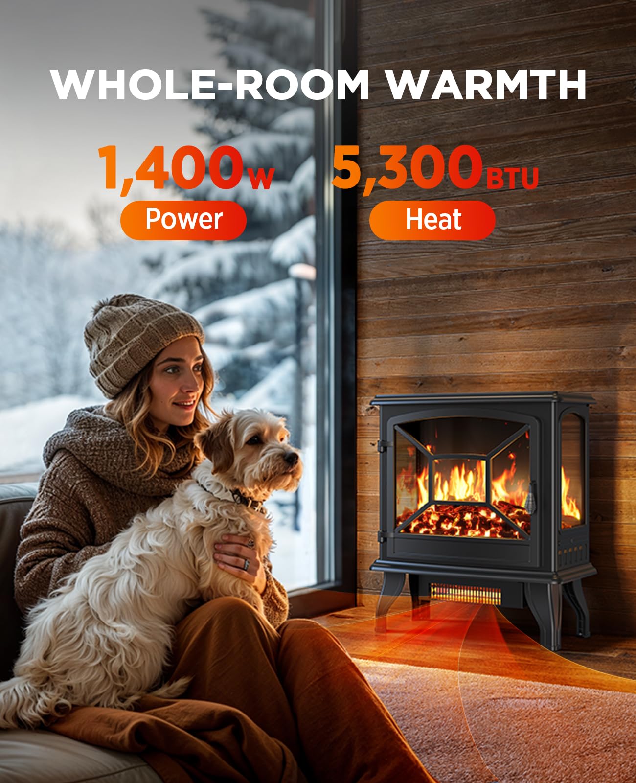 Silonn Electric Fireplace Heater, 5300 BTU Portable Fireplace with App & Remote,24-inch Low Noise Electric Fire Place with 5 Brightness Levels, Temp Control & Timer for Living Room, Bedroom, Black